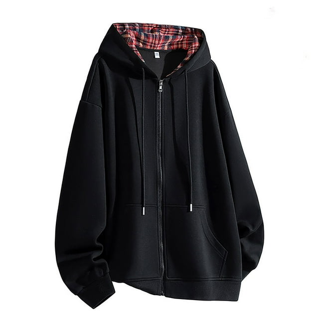 LOVZFMLL Essentials Hoodie for Men, Plaid Zip-Up Jacket with Drawstring Hood and Pockets Casual Loose Fit Fall Clothes