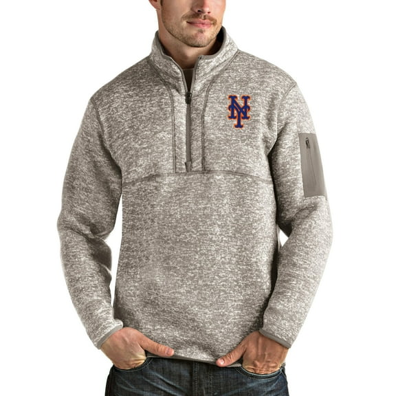 Men's Antigua Oatmeal New York Mets Fortune Quarter-Zip Pullover Jacket