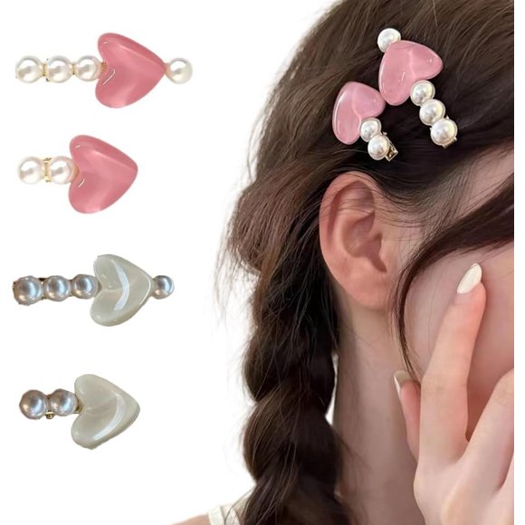 shiyou-4Pcs Pearl Heart Hair Clips Alligator Clip Love Hair Accessories for Women Girls(White+Pink)