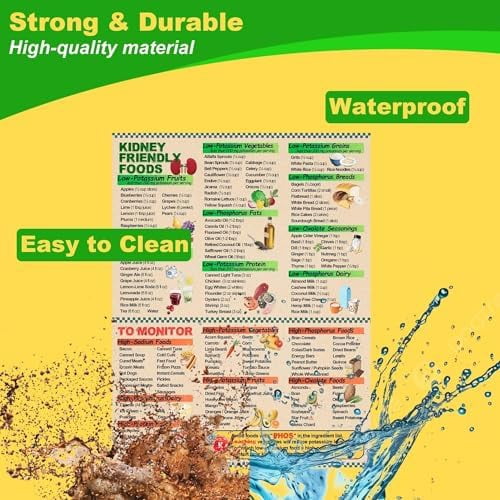 Kidney Friendly Food List Chart 8.5x11 Inch Magnetic 175 Basic Items - Renal Diet Food Chart with Serving Size, Low Potassium & Phosphorus Food Poster for CKD Meal Planning, Waterproof Fridge Magnet