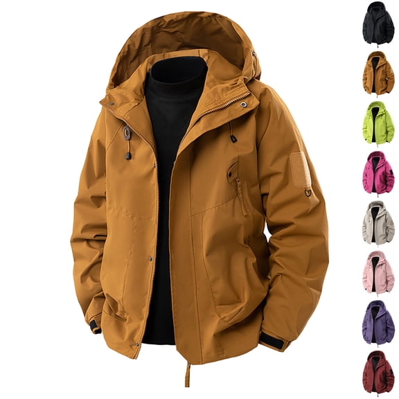 JTSRKL Mens Hooded Zip Windproof Jackets Solid Waterproof Long Sleeve Casual Utility Rain Coats Cozy Functional Camping Relaxed Fit Tops