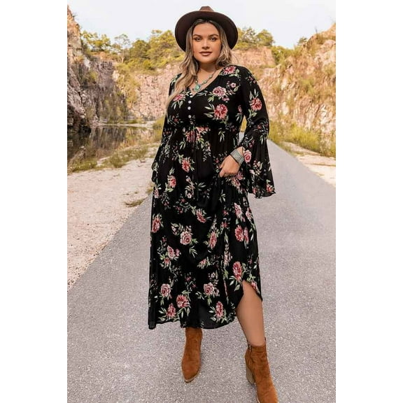 Plus Size Floral Flare Sleeve Dress (1XL, MultiBlack)