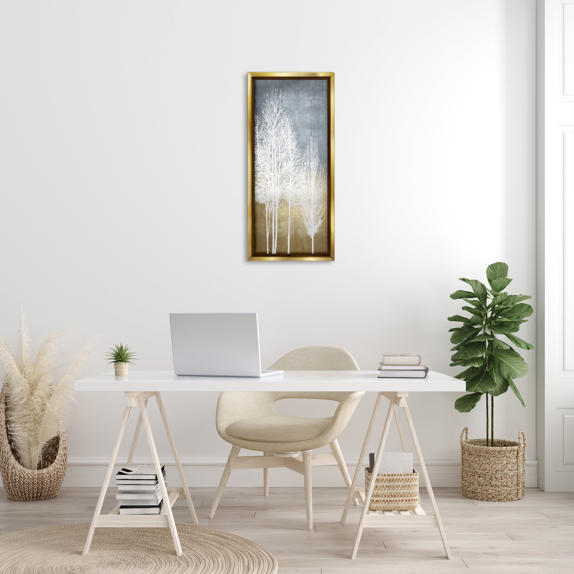 Stupell Industries Tall Bare White Trees Nature Landscape Painting Gold Floater Framed Canvas Art Print Wall Art, 15 x 31