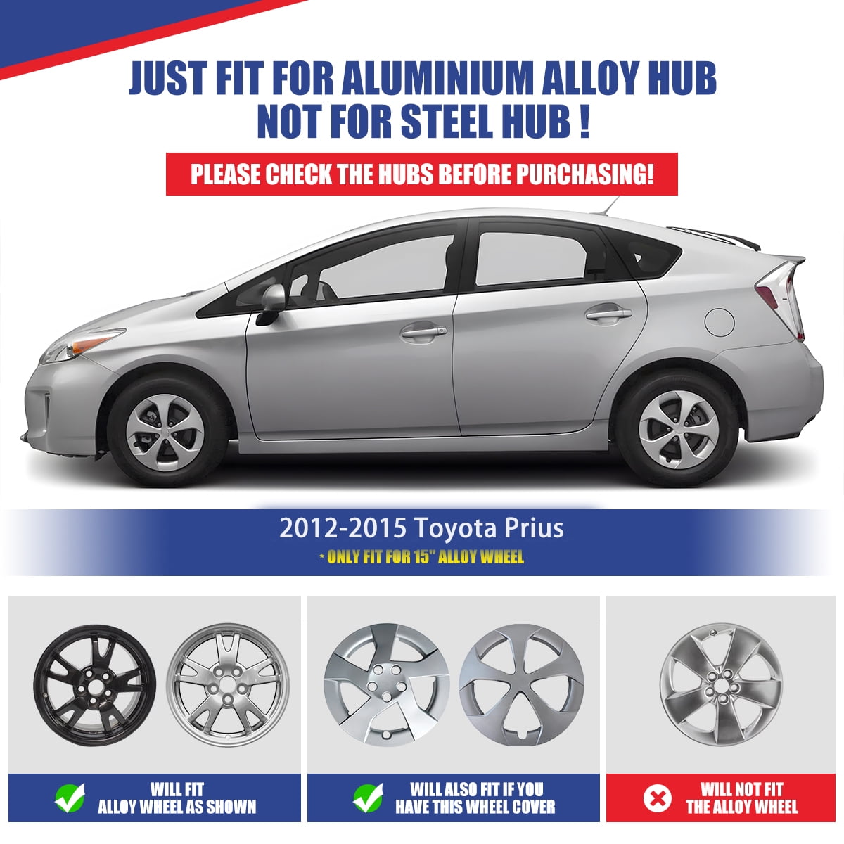 1 Pc Hubcap for 2012-2015 Toyota Prius ,15" Wheel Rim Cover Replacement,Compatible with Alloy Wheels,Snap on Car Truck SUV Hubcap,ABS+PC Material,Lacquer
