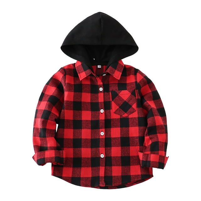 WUANDIXFA Chemise Habillée pour Enfants Garçons à Manches Longues à Capuche Veste à Carreaux Confortable Douce Mode avec Poche Veste à Capuche Rouge, 5-6 Ans