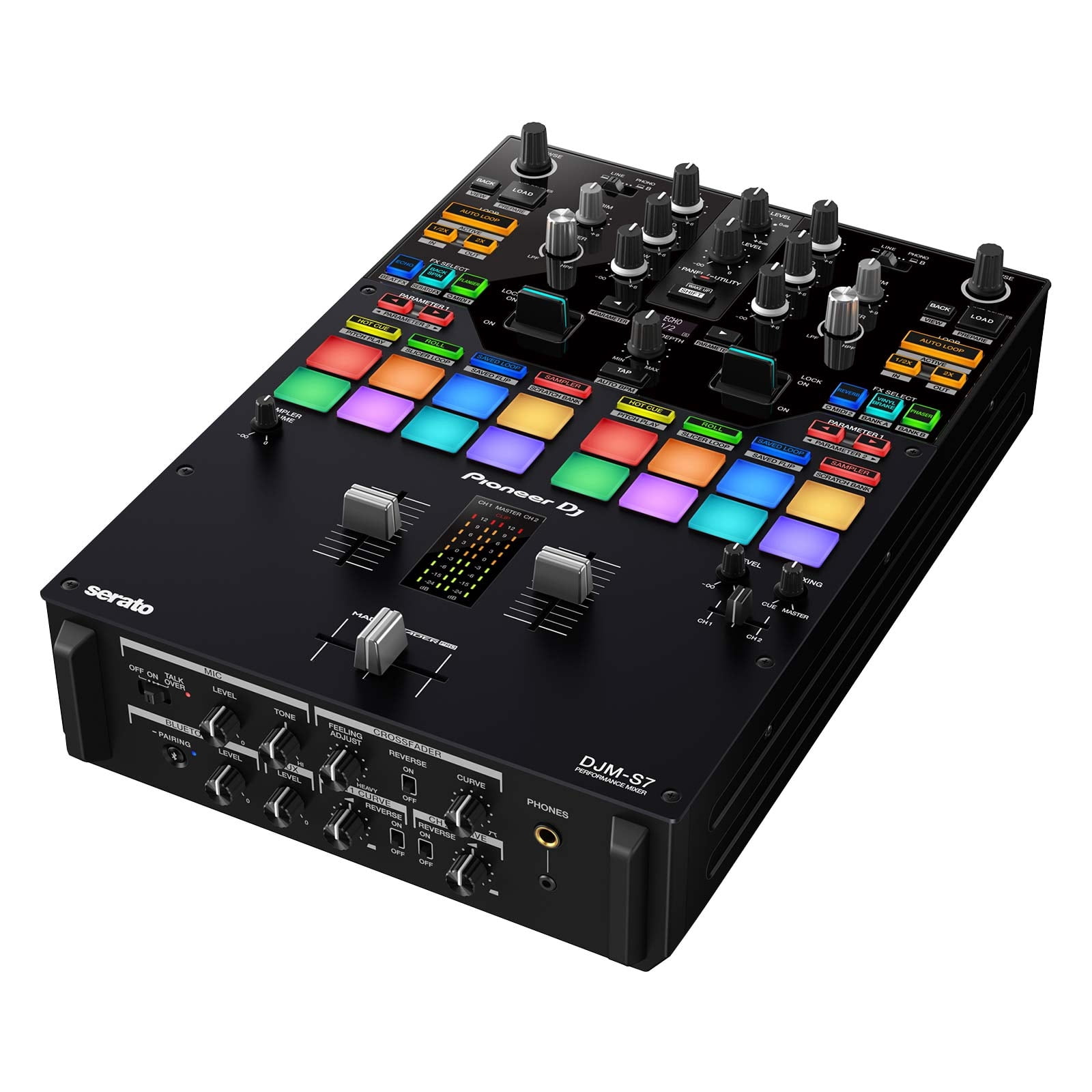 Pioneer DJ DJM-S7 Scratch Style 2 Channel Performance Mixer with Black Over-Ear DJ Headphones Package