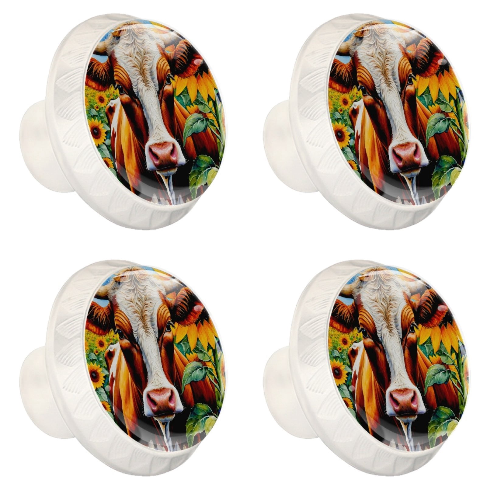 4 Pcs Cow and Sunflower Knobs for Kitchen Cabinet Cupboard Dresser Bookcase Drawer Pulls Handles Round Home Decor