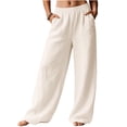 thumbnail image 4 of Flowy Pants for Women Linen Wide Leg Trousers with Elastic Waist Casual Pants with Pockets for Beach or Travel Beige M, 4 of 5