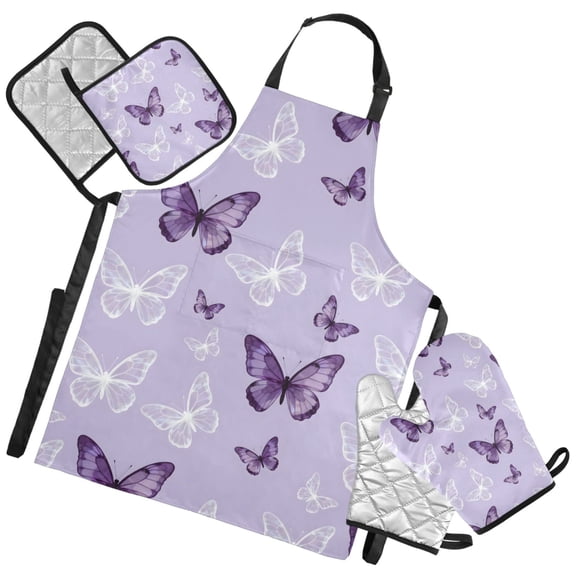 Ryvnso Butterfly Purple Kitchen Apron Oven Mitts Set Pot Holders