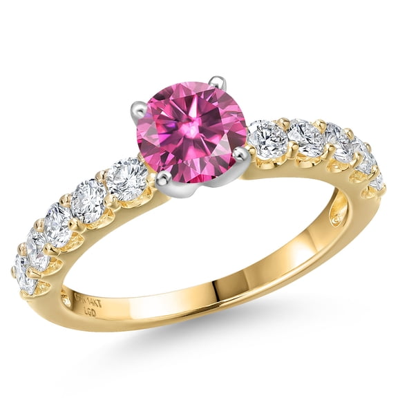 Gem Stone King 14K Two Tone Gold Pink Moissanite and Lab Grown Diamond Engagement Ring for Women | 1.15 Cttw | Round 5MM | Gemstone Birthstone | Size 8