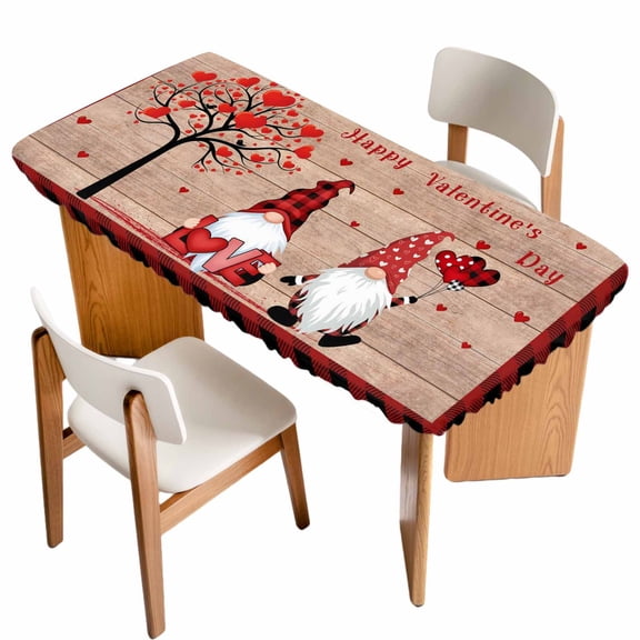 Valentine's Day Table Cloths for 6 Foot Rectangle Tables, Gnomes Love Heart Tree Wooden Patio Waterproof Elastic Fitted Tablecloths, Washable Rectangular Table Cover for Camping