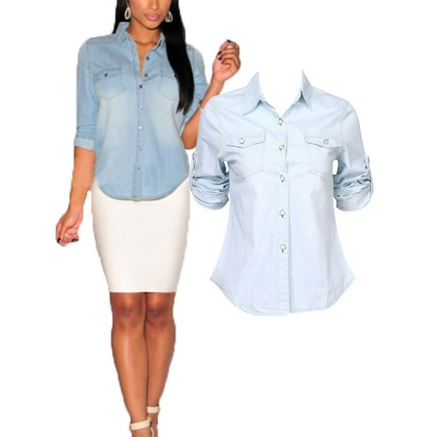 NEW Womens Denim Shirt Ladies Classic Fitted Shirts Size 8 10 12 14