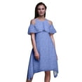 thumbnail image 1 of Bimba Leaves Printed Womenâ€™s Ruffle Front Cold Shoulder Swing Shift Dress-Small, 1 of 6
