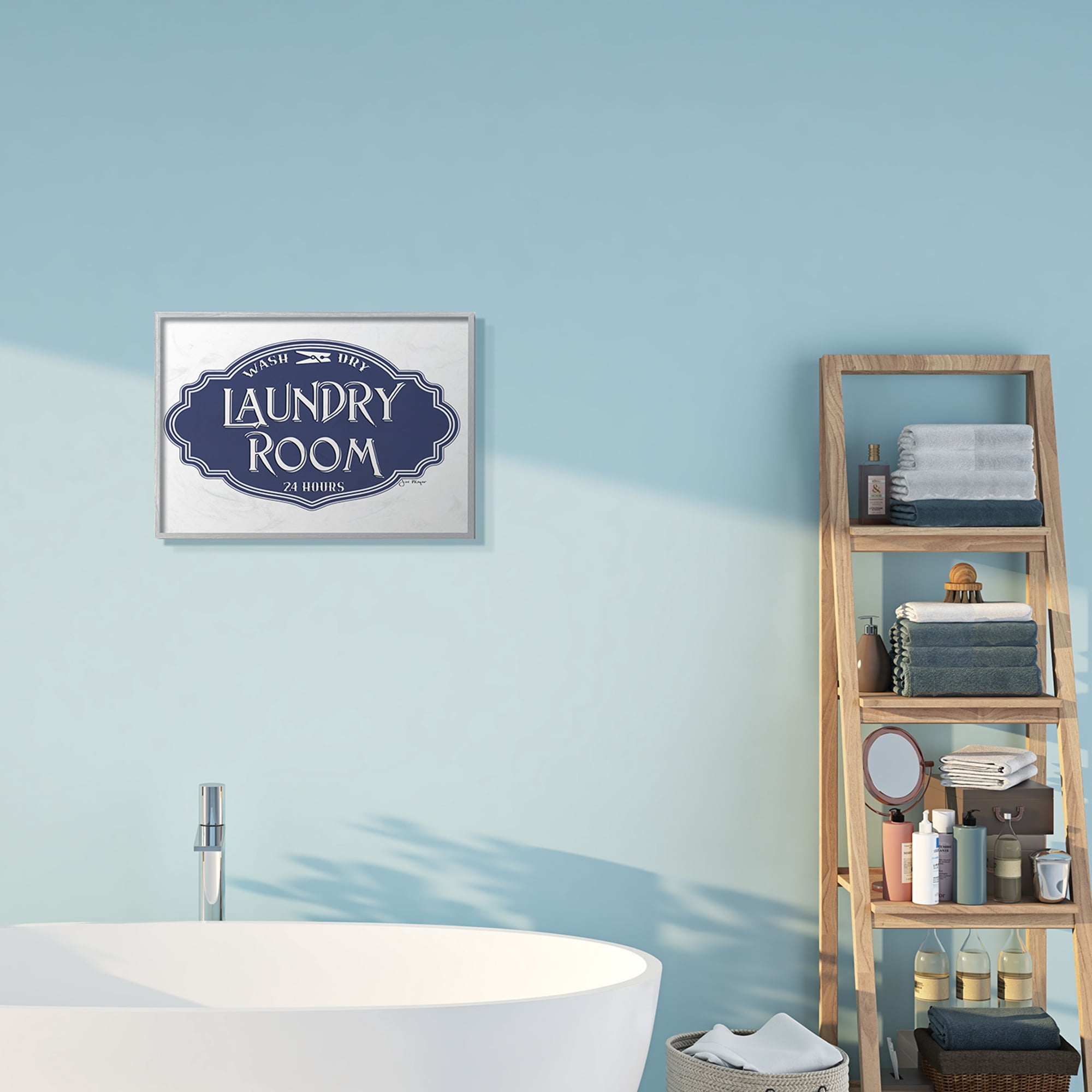 Stupell Industries Vintage Laundry Room Sign Minimal Blue White Typography Painting Gray Framed Art Print Wall Art, 16 x 20