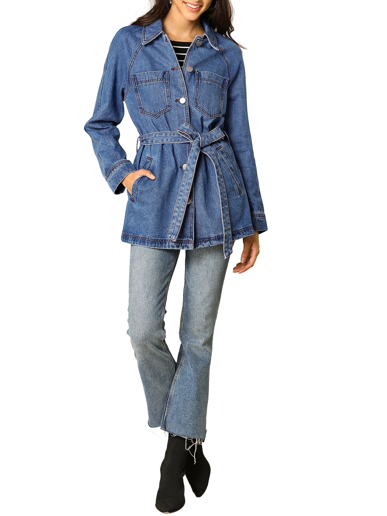 DARING DIVA Woman's Boyfriend Tie Waist Denim Jacket with Pockets XL Blue