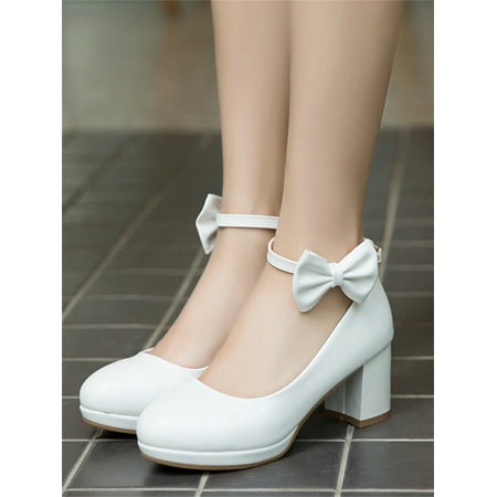

Women Faux Pearl Decor Ankle Strap Pumps Artificial Leather Chunky Heeled Elegant Pumps White