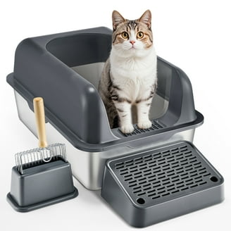Stainless Steel Litter Box for Kittens, Small Cat Litter Box 17" L x 13" W  x 11.8" H, Metal Kitty Litter Box with High Sides, Grey (Non-Sticky, Easy  to Clean, Anti-Urine Leakage) -
