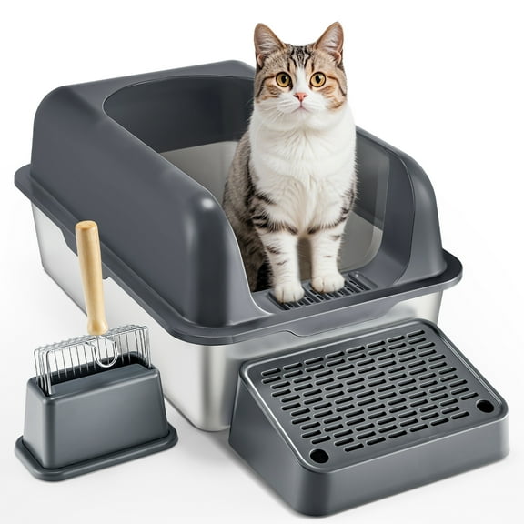 VEVOR Cat Litter Box, 6 inches Deep, XL Extra Large Stainless Steel Cat Litter Box with Scoop, Wide Filtering Foot Board & High Sides, Enclosed Odor-Free Easy-to-Clean Litter Box, Fit for Big Cats