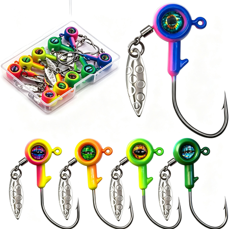 BESTSKY 10Pcs Underspin Jig Heads with Willow Blade for Crappie Fishing|3D Eyes High Carbon Steel V-Shape Barbed Bait Keeper for Saltwater Freshwater 1/32Oz 1/16Oz 1/8Oz 3/16Oz 1/4Oz