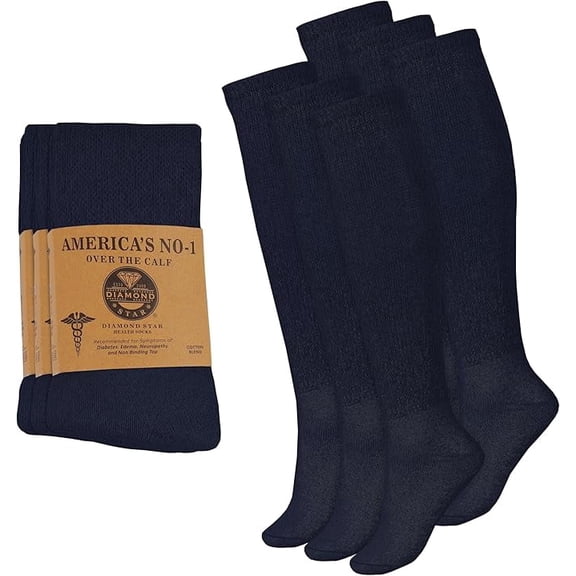 Diamond Star Diabetic Over the Calf, Non-binding Premium Cushion Cotton Knee High Comfortable Socks for Women (Navy - 6 Pairs, Shoe Size 9-11)