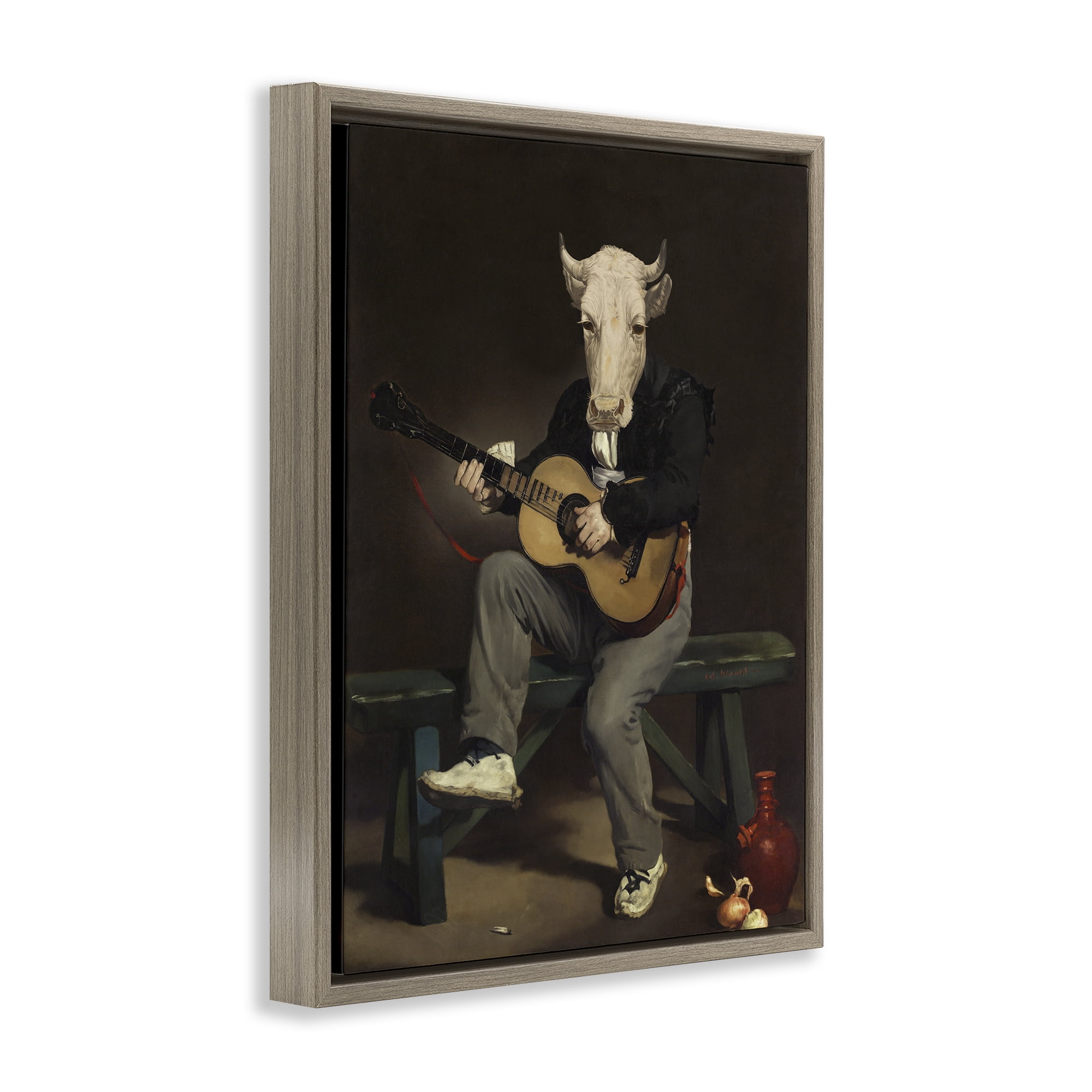 Stupell Industries Cow Playing Guitar Novelty & Humor Painting Brown Floater Framed Canvas Art Print Wall Art, 25 x 31