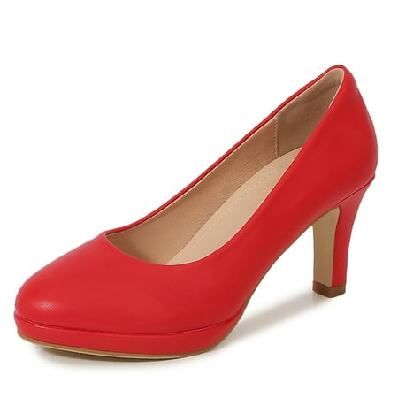 

DADAWEN Women s Pumps Mid Heels Round Toe Minimal Platform High heels Bridal Wedding Party Prom Dress Shoes Red 6.5US