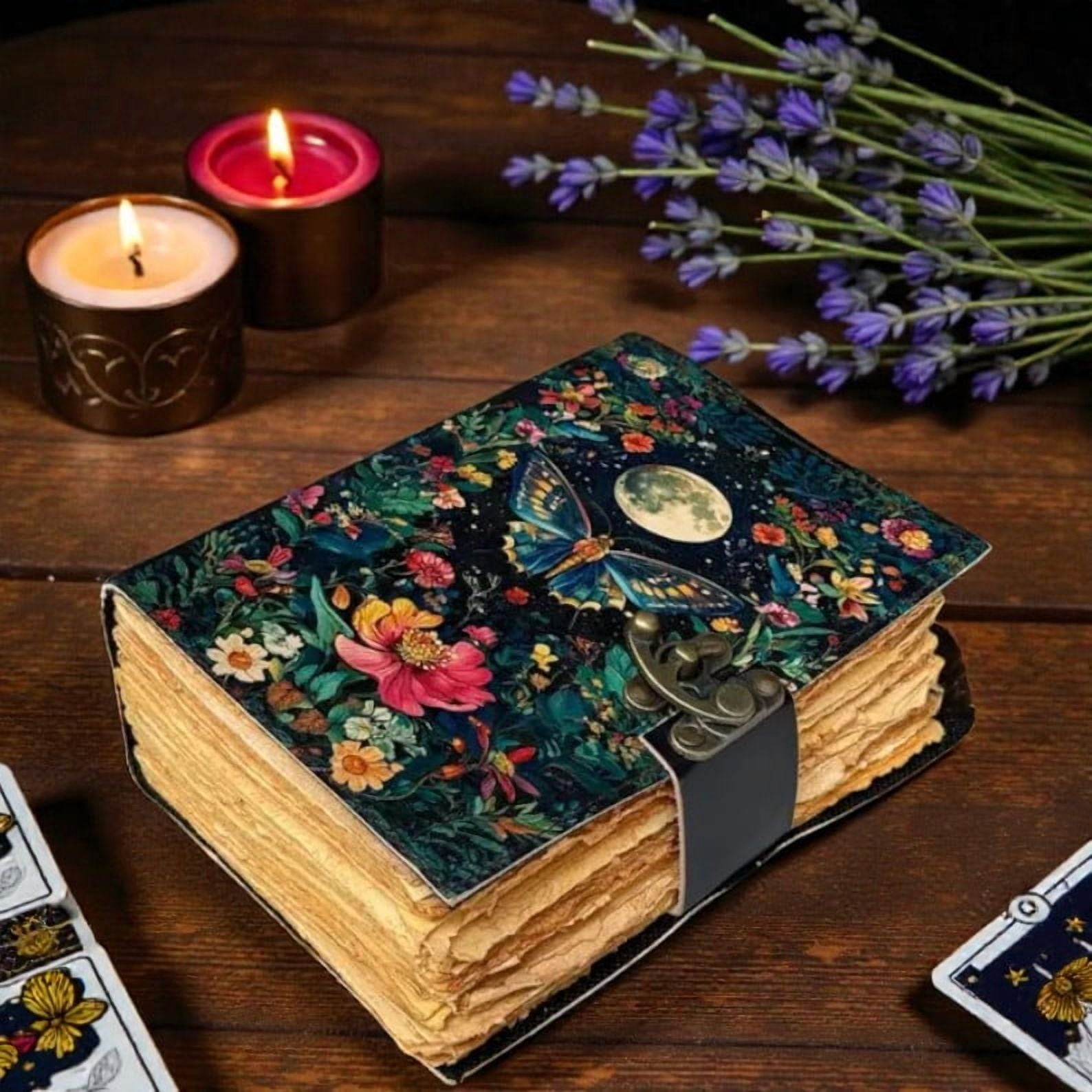Handmade Leather Journal 5x7 Inches – Moon & Butterfly Floral Notebook, 200 Deckle-Edge Pages, Vintage Lock, Artisan Writing Diary
