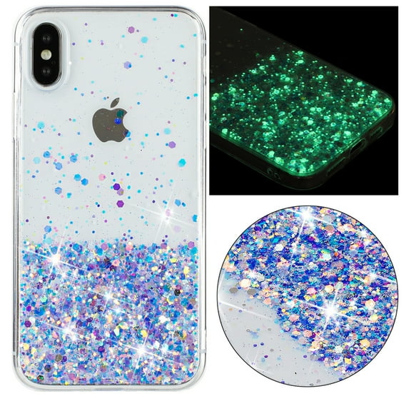 Designed for iPhone XS / iPhone X Bling Glitter Case Glow in The Dark Funny Shiny Sparkle Noctilucent Fluorescent for Women Girls Protective Case for iPhone XS / iPhone X, Purple