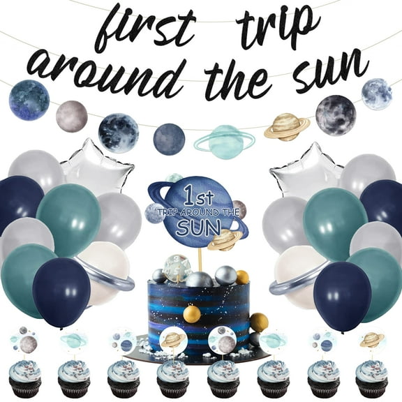 Space Themed Birthday Decorations for Boys, First Trip Around The Sun Banner Cake Topper Solar System Party Balloons, for Boys Girls Solar Space 1st Birthday Party Decorations