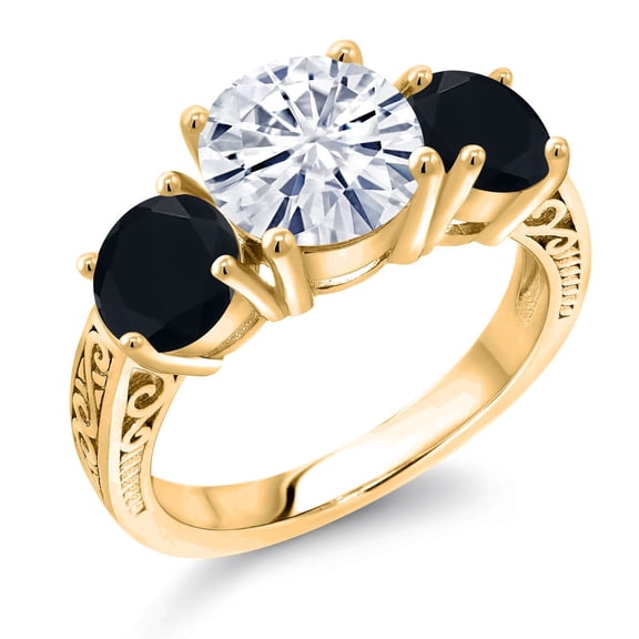 Gem Stone King 18K Yellow Gold Plated Silver White Moissanite and Black Onyx Engagement Ring for Women | 3.50 Cttw | Round 8MM | Gemstone Birthstone | Size 7
