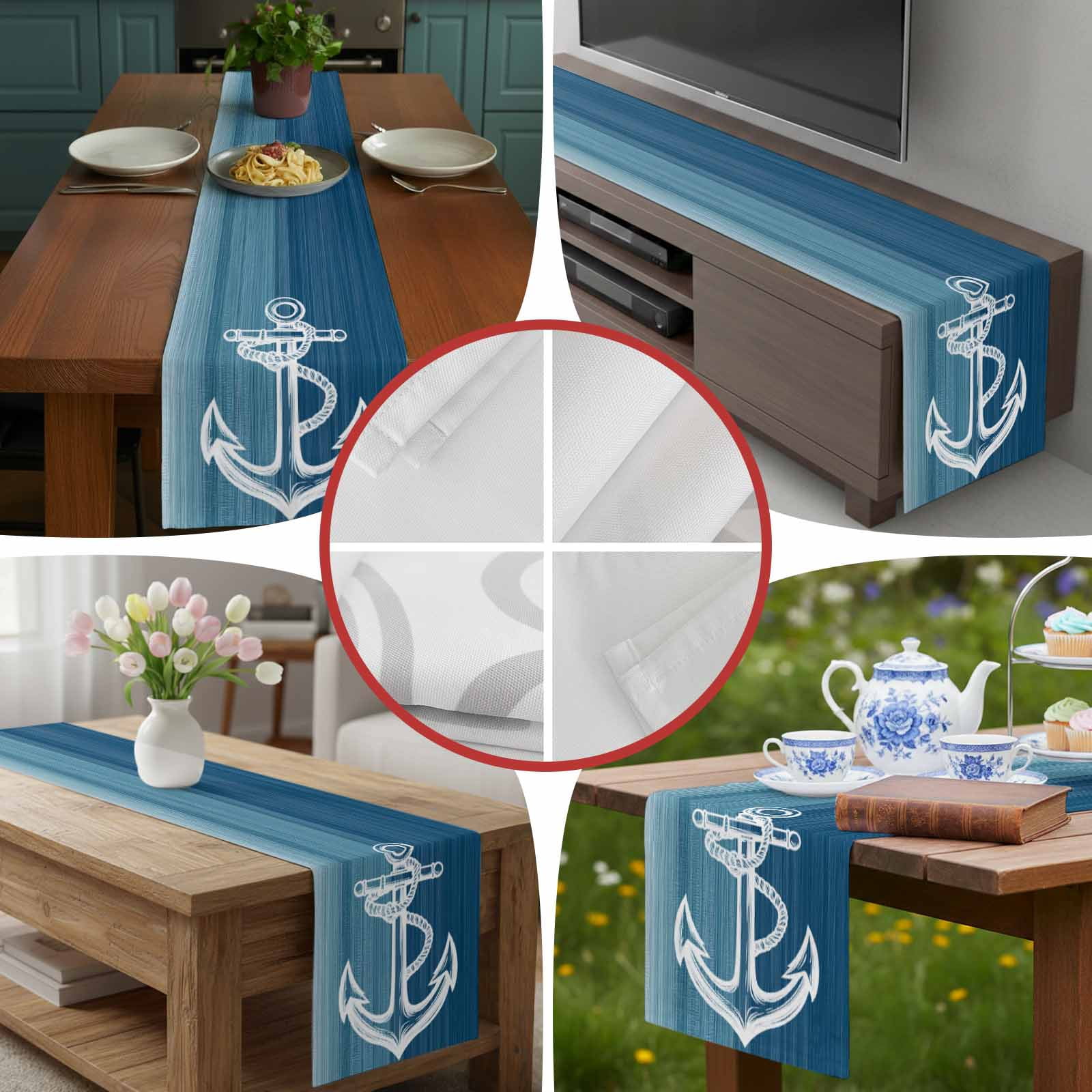 Ocean Nautical Anchor Table Runner 90 Inches Long, Gradient Blue Stripes Table Runners Tabletop Scarf Kitchen Dining Tables Decoration for Home Party Indoor Outdoor