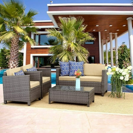 Superjoe Outdoor Patio Furniture Set 4 Pcs Cushioned Rattan Wicker Sofa with Coffee Table Gray