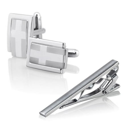 Zodaca Men Metal Silver Tone Necktie Clip Clasp Clamp+Cufflinks Shirt Business
