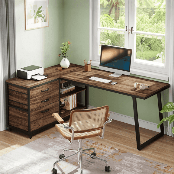 Fnova 53.15" L-shaped Computer Desk with 3 Drawers, Wood Tabletop, Metal Frame Office Desk, Brown