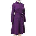 thumbnail image 4 of Afinprain Womens Clergy Long Sleeve A‑Line Dress with Tab Collar Tie Belt Side Buttons, 4 of 7