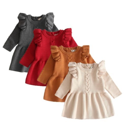 0-5Y Enfants Bébé Filles Tops Pull Robe Volants Manches Longues Solide Tricot Robe Chaude une Ligne Robe Tenue Automne Hiver