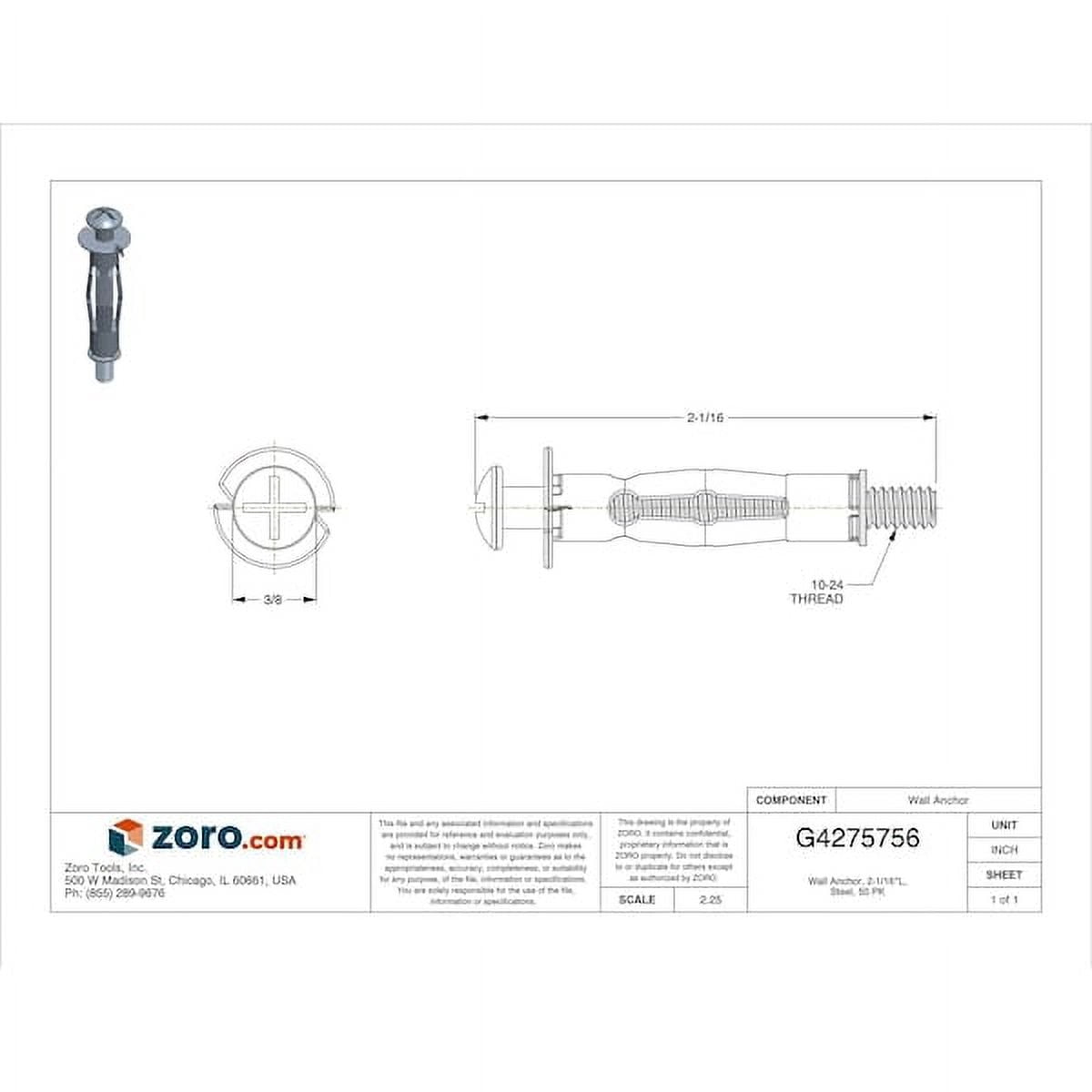 Wall Anchor, 2-1/16"L, Steel, 50 PK U30537.018.0250