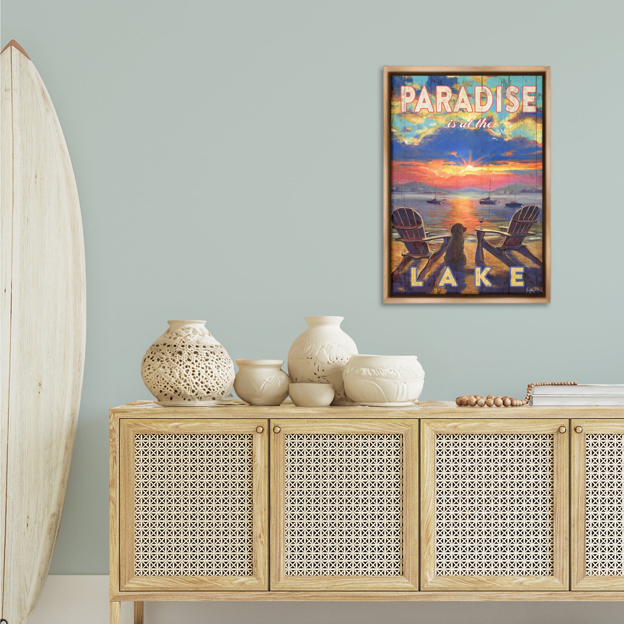 Stupell Industries Paradise At Lake Landscape Landscape & Nature Painting Brown Floater Framed Canvas Art Print Wall Art, 21 x 31