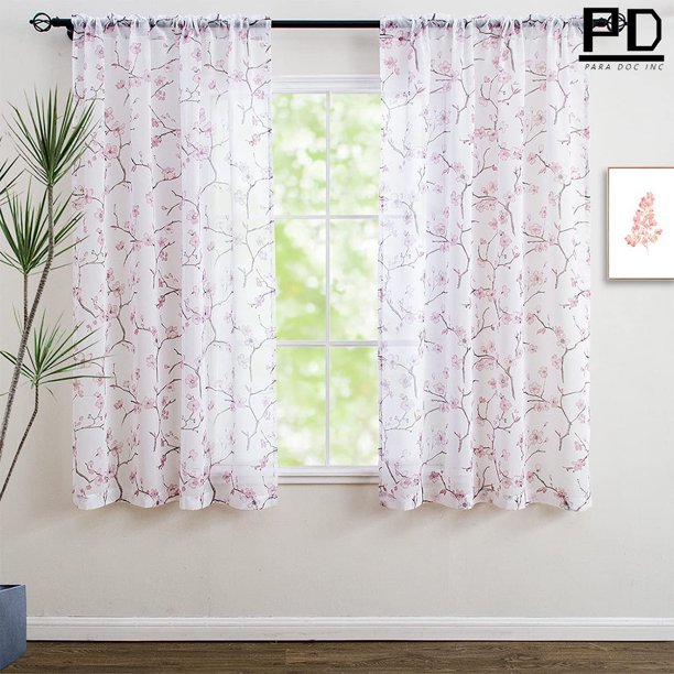 Floral Pink Sheer Curtains 63 Inches Long 2 Panels Set