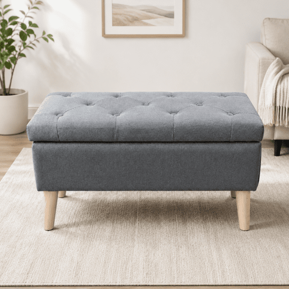 32" Wide Storage Ottoman Bench with Built-in Tray, Square Storage Ottoman for Extra Storage, Upholstered Footrest and End of Bed Bench, Perfect for Living Room, Bedroom.