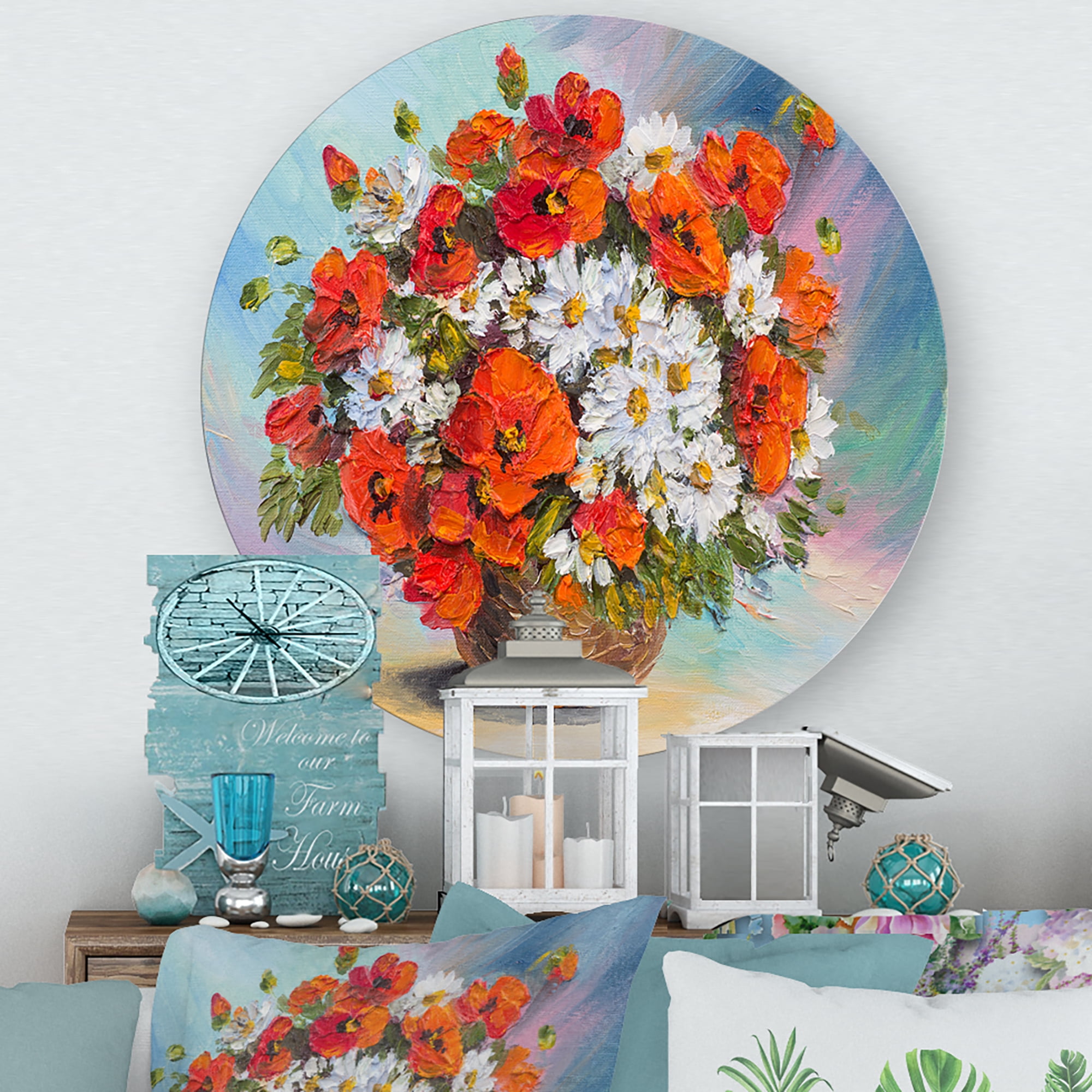 Designart 'Still Life Bouquet Of Daisies and Poppies' Traditional Circle Metal Wall Art 23x23 - Disc of 23