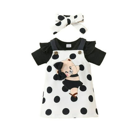 

Bagilaanoe 3Pcs Newborn Baby Girls Overalls Dress Set Short Sleeve Romper Tops + Bear Suspender Skirt + Headband 3M 6M 9M 12M 18M Infant Casual Clothes