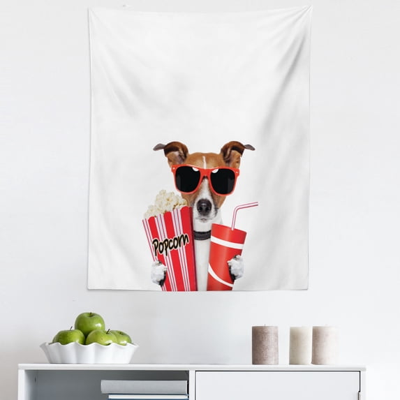 Movie Theater Tapestry, Funny Dog Wearing Sunglasses Watching a Film Popcorn and Soda Print, Fabric Wall Hanging Decor for Bedroom Living Room Dorm, 5 Sizes, Multicolor, by Ambesonne