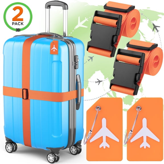 Mifflin Set of Luggage Straps W/ Luggage Tags (4 Pcs, Orange), Adjustable Suitcase Belt