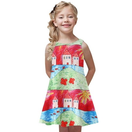 

THE WILD Girls Dresses Casual Curved Hem Shift Printed O-Neck Sleeveless Midi Girls Dresses Green