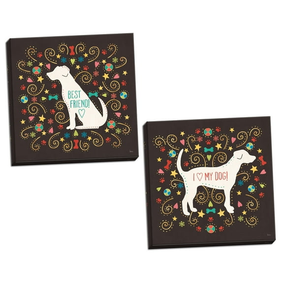 Gango Home Decor Contemporary Otomi Dogs II Dark & Otomi Dogs III Dark by Veronique Charron (Ready to Hang); Two 16x16in Hand-Stretched Canvases