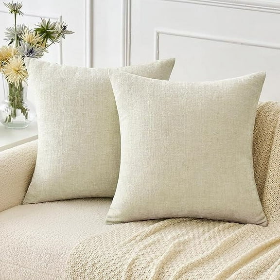 Pack of 2 Cream Throw Pillow Covers 16x16 Inch Soft Chenille Pillow Covers for Sofa Living Room Couch Solid Dyed Cases