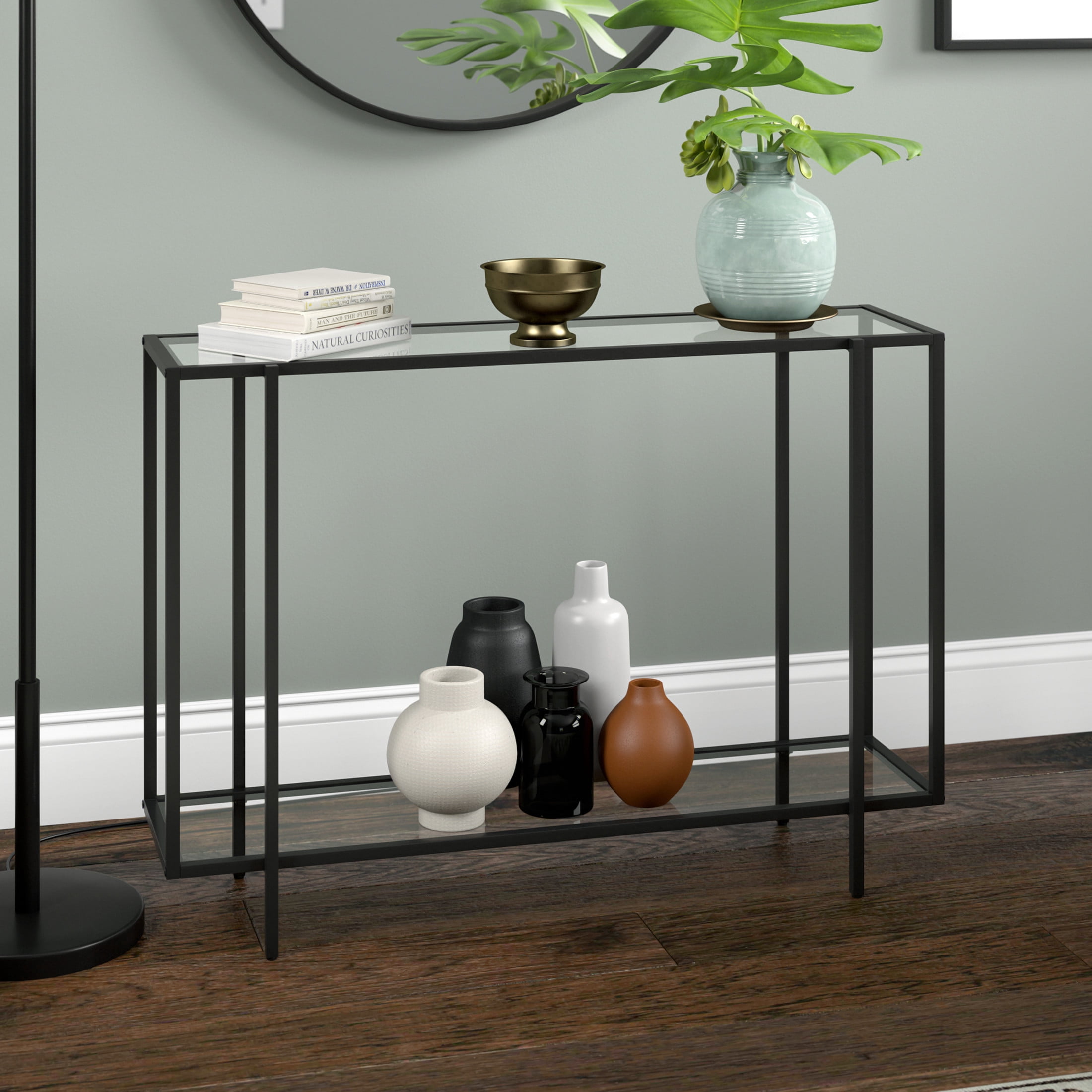 Evelyn&Zoe Vireo 42" Wide Rectangular Console Table with Glass Shelf, Blackened Bronze