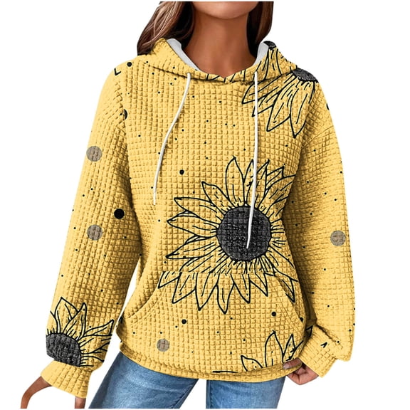 Htigea Sunflower Sweatshirts for Women Waffle Knit Hoodies Fall Pullover Tops | Preppy Oversized, Drawstring Hooded, Pocket, Loose, Casual Trendy Clothes Yellow S