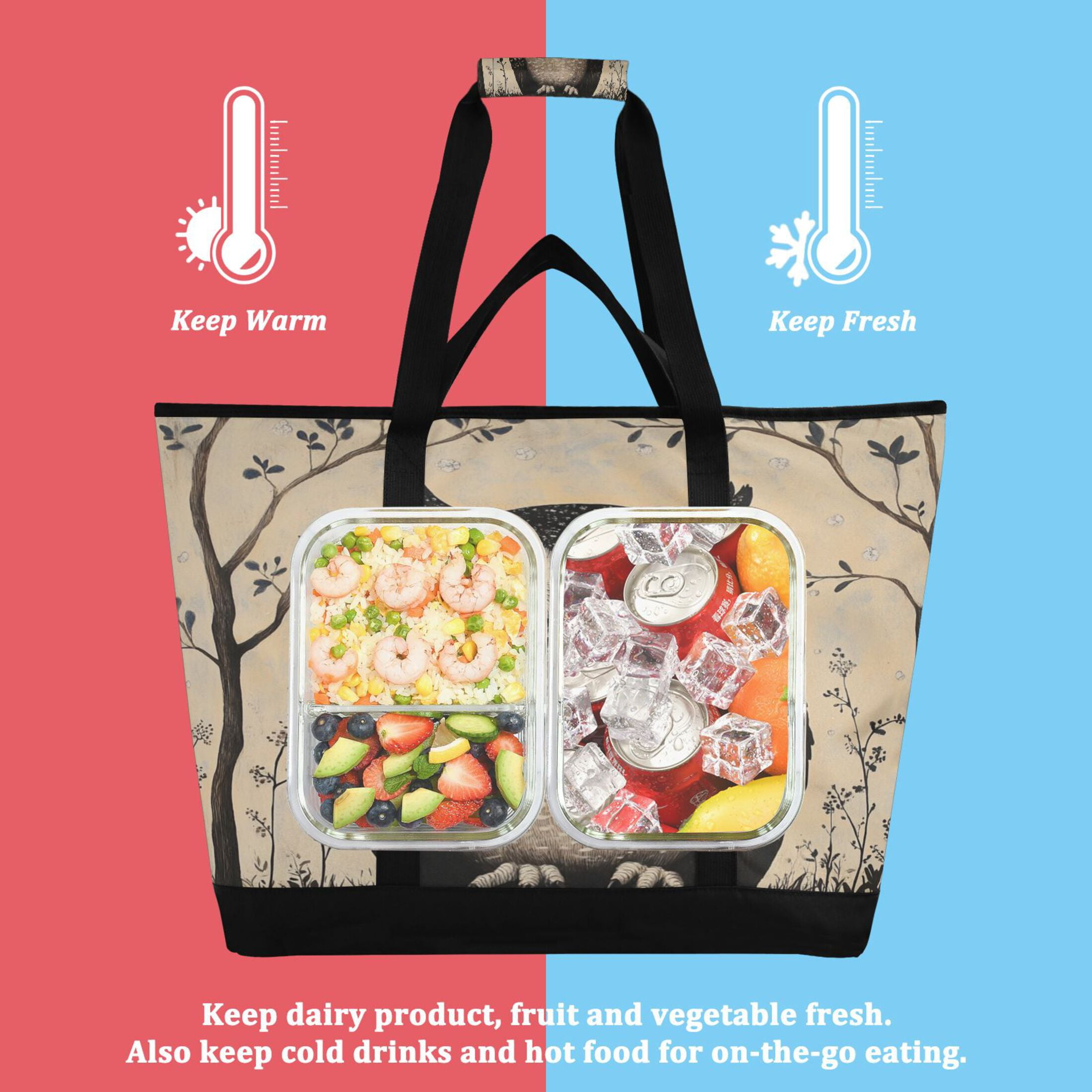 Large Hand-held Ice Pack Picnic Bag Insulation and Refrigeration Suitable for Shopping Picnics and Camping Cool Black Owl